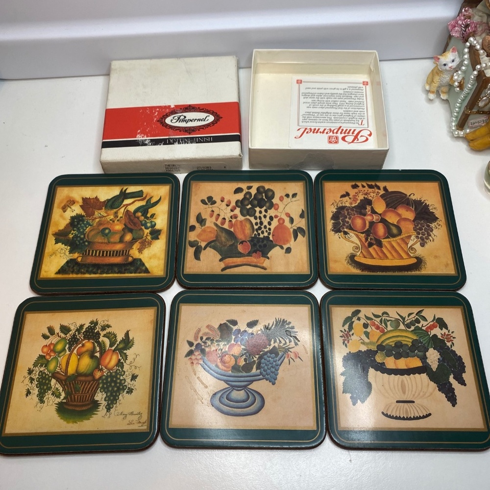 Vintage Pimpernel De Luxe Coasters - 6 Piece - Theorems Basket Of Fruit